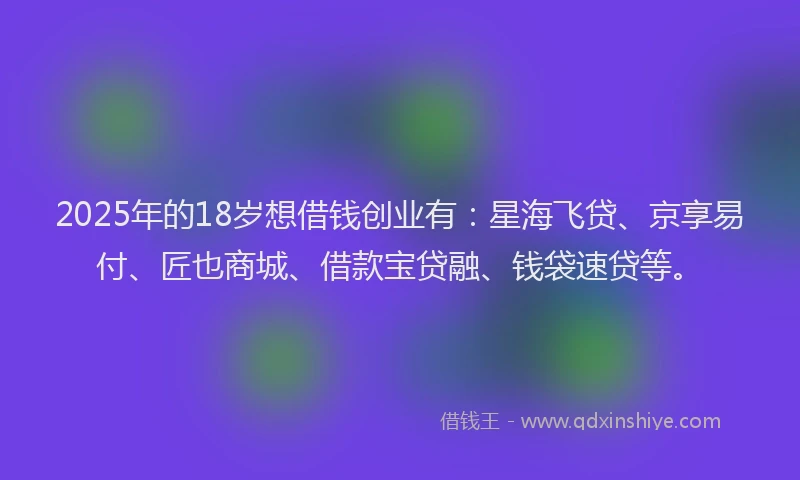 2025年的18岁想借钱创业有：星海飞贷、京享易付、匠也商城、借款宝贷融、钱袋速贷等。
