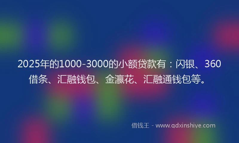 2025年的1000-3000的小额贷款有：闪银、360借条、汇融钱包、金瀛花、汇融通钱包等。