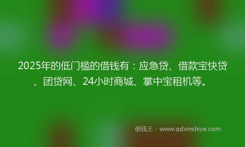 2025年的低门槛的借钱有：应急贷、借款宝快贷、团贷网、24小时商城、掌中宝租机等。