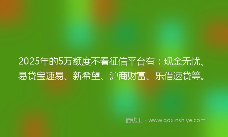 2025年的5万额度不看征信平台有：现金无忧、易贷宝速易、新希望、沪商财富、乐借速贷等。