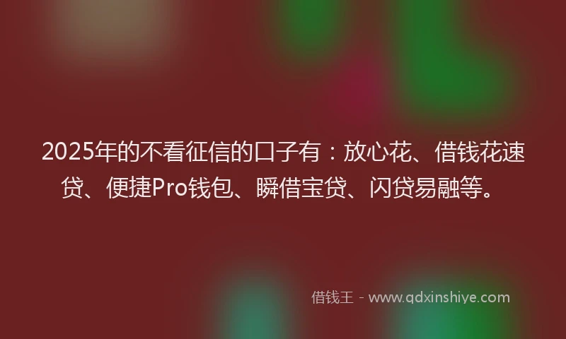 2025年的不看征信的口子有：放心花、借钱花速贷、便捷Pro钱包、瞬借宝贷、闪贷易融等。