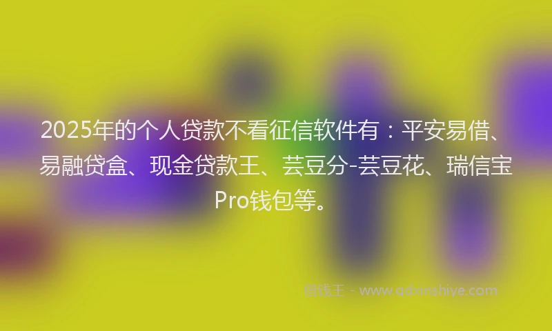2025年的个人贷款不看征信软件有：平安易借、易融贷盒、现金贷款王、芸豆分-芸豆花、瑞信宝Pro钱包等。