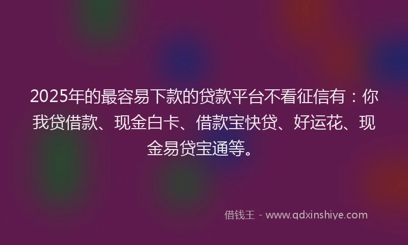 2025年的最容易下款的贷款平台不看征信有：你我贷借款、现金白卡、借款宝快贷、好运花、现金易贷宝通等。