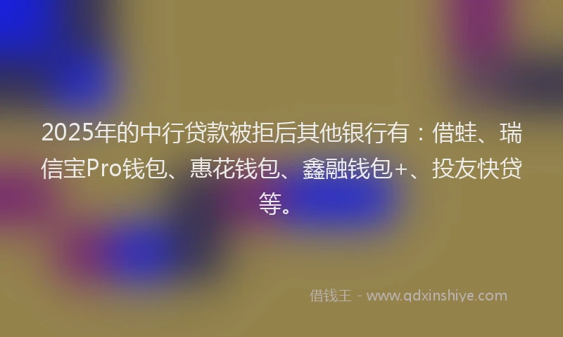2025年的中行贷款被拒后其他银行有：借蛙、瑞信宝Pro钱包、惠花钱包、鑫融钱包+、投友快贷等。