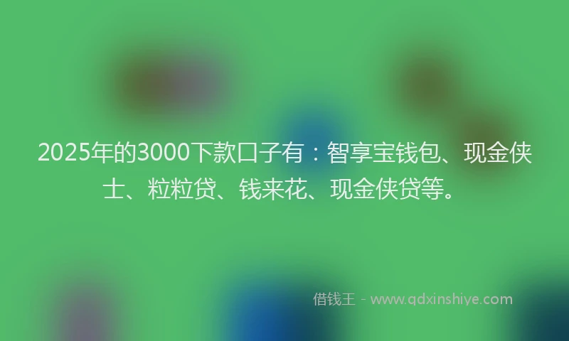 2025年的3000下款口子有：智享宝钱包、现金侠士、粒粒贷、钱来花、现金侠贷等。