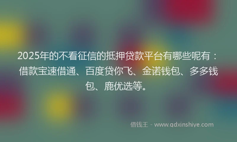 2025年的不看征信的抵押贷款平台有哪些呢有：借款宝速借通、百度贷你飞、金诺钱包、多多钱包、鹿优选等。