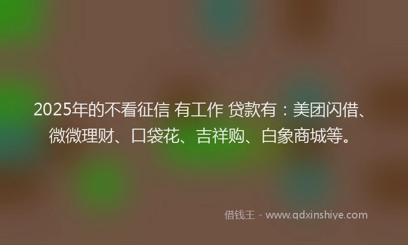 2025年的不看征信 有工作 贷款有：美团闪借、微微理财、口袋花、吉祥购、白象商城等。