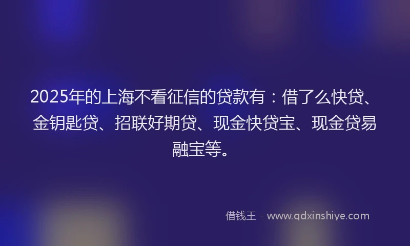 2025年的上海不看征信的贷款有：借了么快贷、金钥匙贷、招联好期贷、现金快贷宝、现金贷易融宝等。