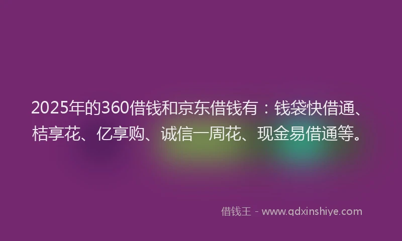 2025年的360借钱和京东借钱有：钱袋快借通、桔享花、亿享购、诚信一周花、现金易借通等。