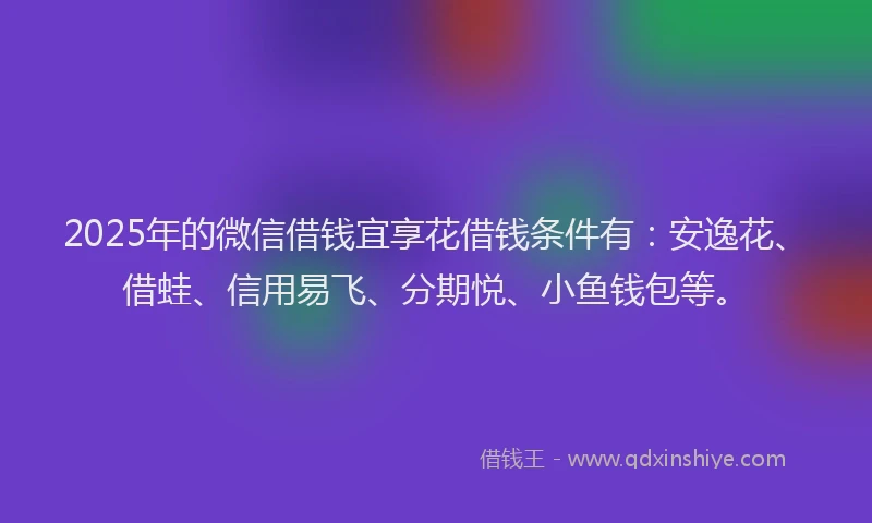 2025年的微信借钱宜享花借钱条件有：安逸花、借蛙、信用易飞、分期悦、小鱼钱包等。
