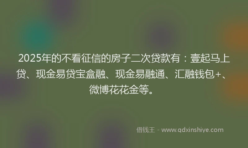 2025年的不看征信的房子二次贷款有：壹起马上贷、现金易贷宝盒融、现金易融通、汇融钱包+、微博花花金等。