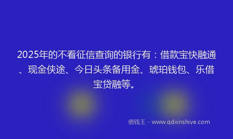 2025年的不看征信查询的银行有：借款宝快融通、现金侠途、今日头条备用金、琥珀钱包、乐借宝贷融等。