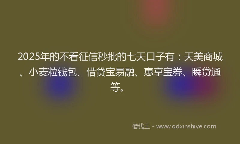 2025年的不看征信秒批的七天口子有：天美商城、小麦粒钱包、借贷宝易融、惠享宝券、瞬贷通等。