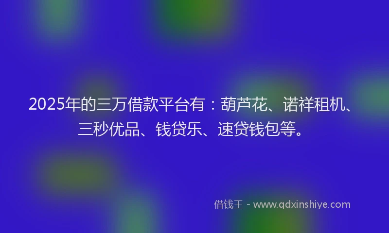 2025年的三万借款平台有：葫芦花、诺祥租机、三秒优品、钱贷乐、速贷钱包等。
