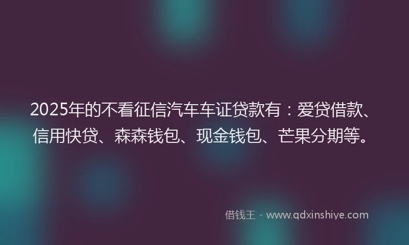 2025年的不看征信汽车车证贷款有：爱贷借款、信用快贷、森森钱包、现金钱包、芒果分期等。