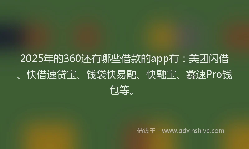 2025年的360还有哪些借款的app有：美团闪借、快借速贷宝、钱袋快易融、快融宝、鑫速Pro钱包等。