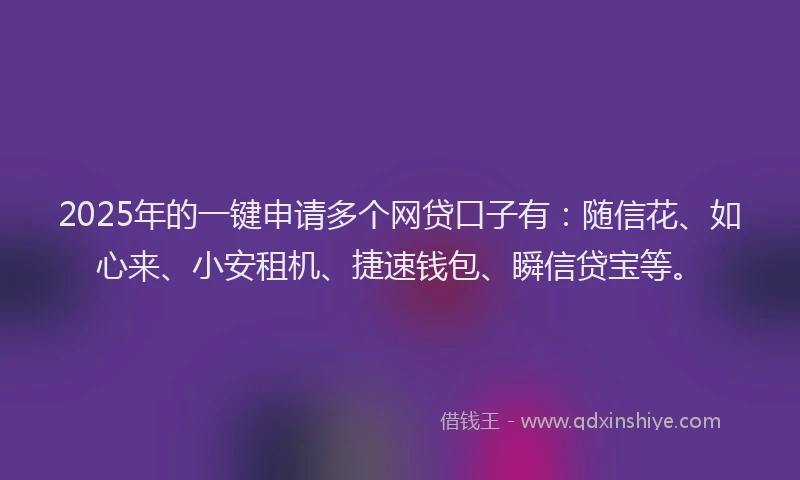 2025年的一键申请多个网贷口子有：随信花、如心来、小安租机、捷速钱包、瞬信贷宝等。
