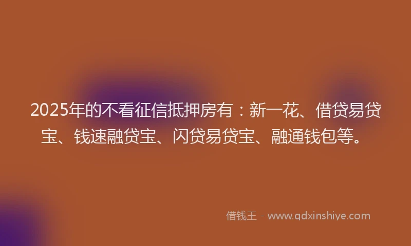 2025年的不看征信抵押房有：新一花、借贷易贷宝、钱速融贷宝、闪贷易贷宝、融通钱包等。