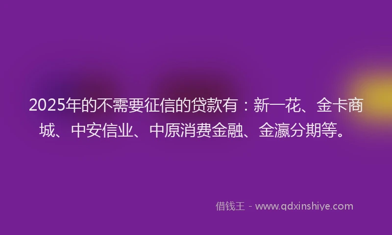 2025年的不需要征信的贷款有：新一花、金卡商城、中安信业、中原消费金融、金瀛分期等。