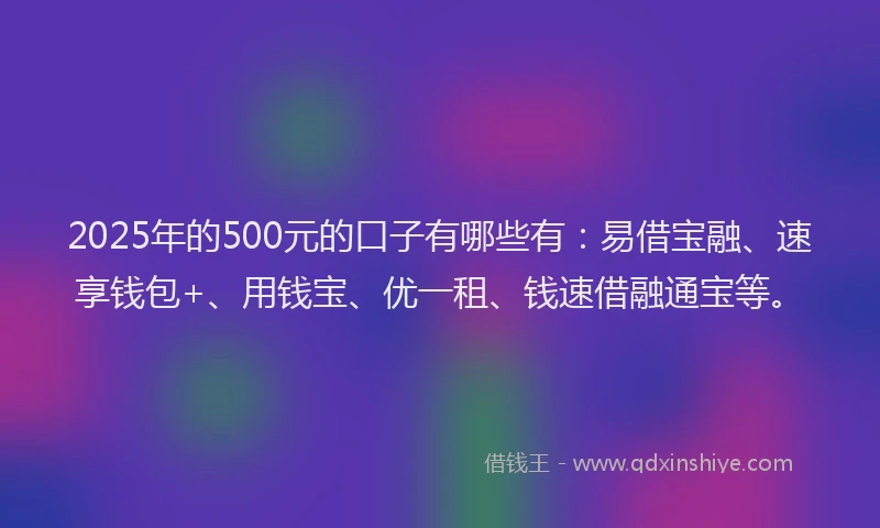 2025年的500元的口子有哪些有：易借宝融、速享钱包+、用钱宝、优一租、钱速借融通宝等。