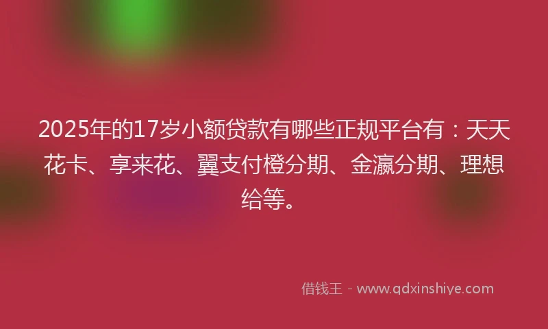 2025年的17岁小额贷款有哪些正规平台有：天天花卡、享来花、翼支付橙分期、金瀛分期、理想给等。