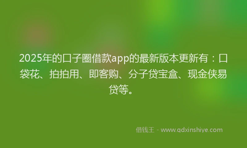2025年的口子圈借款app的最新版本更新有：口袋花、拍拍用、即客购、分子贷宝盒、现金侠易贷等。