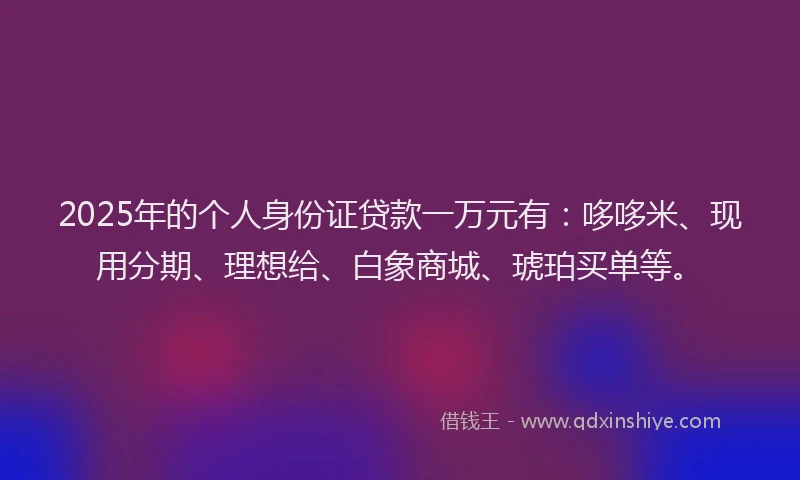 2025年的个人身份证贷款一万元有：哆哆米、现用分期、理想给、白象商城、琥珀买单等。