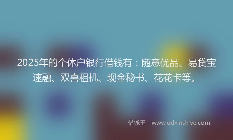 2025年的个体户银行借钱有：随意优品、易贷宝速融、双喜租机、现金秘书、花花卡等。