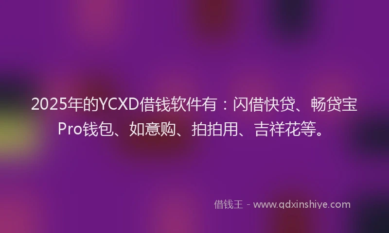 2025年的YCXD借钱软件有：闪借快贷、畅贷宝Pro钱包、如意购、拍拍用、吉祥花等。