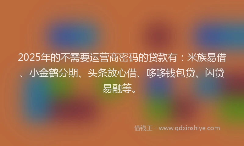2025年的不需要运营商密码的贷款有：米族易借、小金鹤分期、头条放心借、哆哆钱包贷、闪贷易融等。