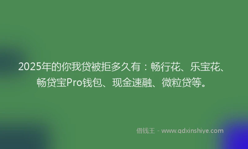 2025年的你我贷被拒多久有：畅行花、乐宝花、畅贷宝Pro钱包、现金速融、微粒贷等。
