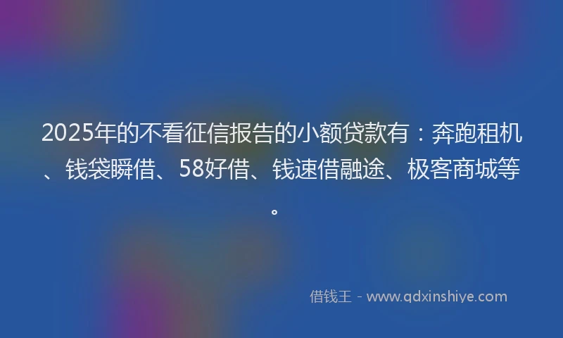 2025年的不看征信报告的小额贷款有：奔跑租机、钱袋瞬借、58好借、钱速借融途、极客商城等。