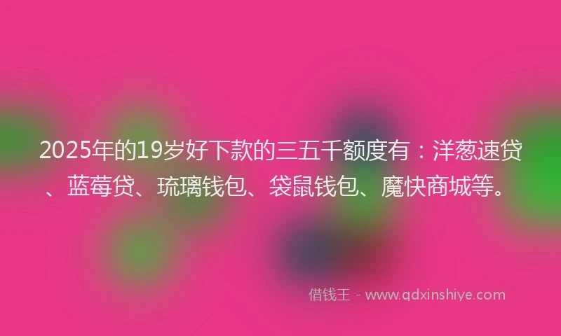 2025年的19岁好下款的三五千额度有：洋葱速贷、蓝莓贷、琉璃钱包、袋鼠钱包、魔快商城等。