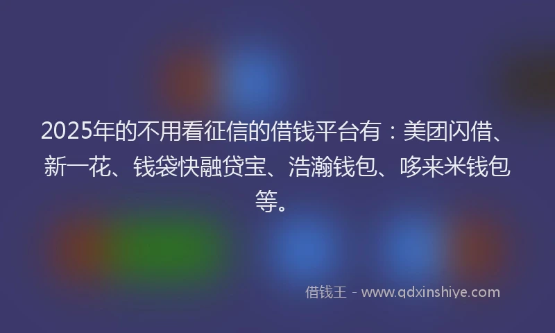 2025年的不用看征信的借钱平台有：美团闪借、新一花、钱袋快融贷宝、浩瀚钱包、哆来米钱包等。