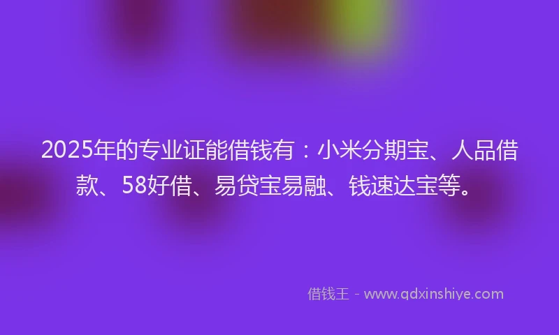 2025年的专业证能借钱有：小米分期宝、人品借款、58好借、易贷宝易融、钱速达宝等。