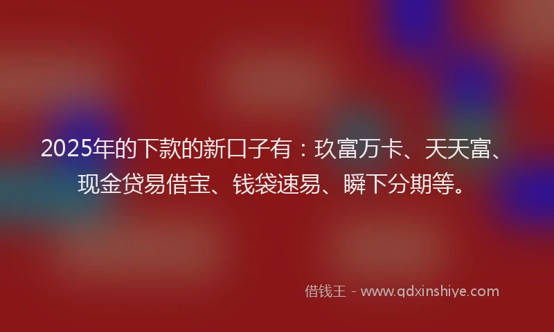 2025年的下款的新口子有：玖富万卡、天天富、现金贷易借宝、钱袋速易、瞬下分期等。