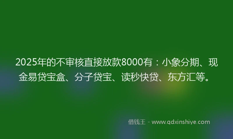 2025年的不审核直接放款8000有：小象分期、现金易贷宝盒、分子贷宝、读秒快贷、东方汇等。