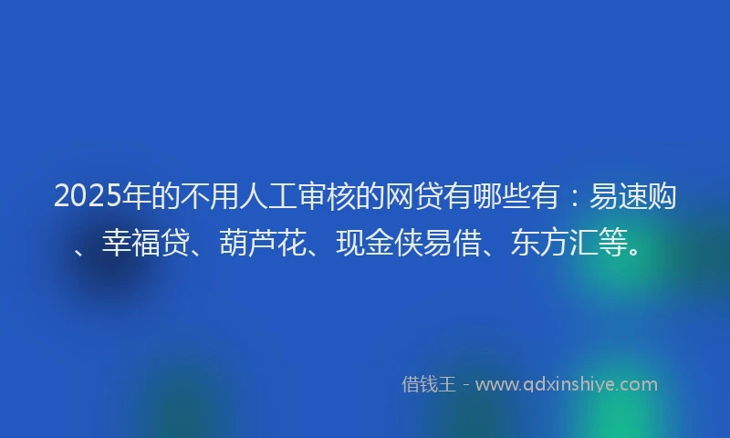 2025年的不用人工审核的网贷有哪些有：易速购、幸福贷、葫芦花、现金侠易借、东方汇等。