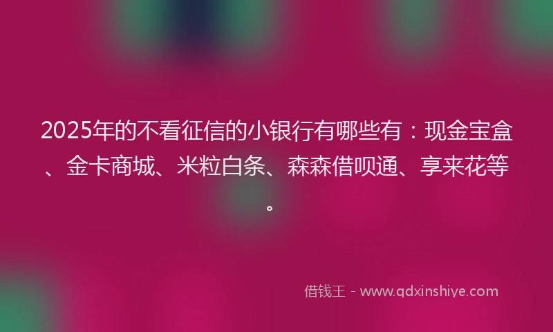 2025年的不看征信的小银行有哪些有：现金宝盒、金卡商城、米粒白条、森森借呗通、享来花等。