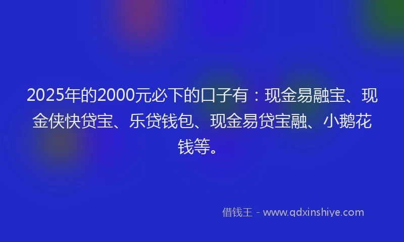 2025年的2000元必下的口子有：现金易融宝、现金侠快贷宝、乐贷钱包、现金易贷宝融、小鹅花钱等。