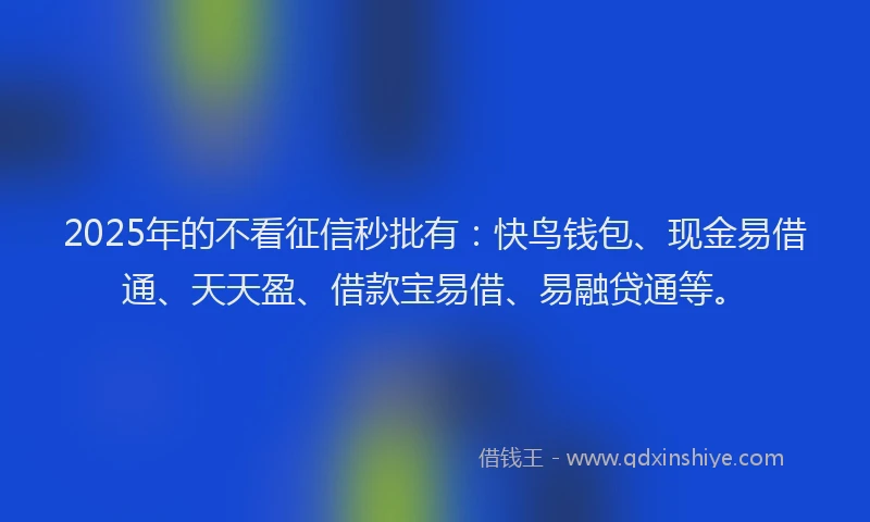2025年的不看征信秒批有：快鸟钱包、现金易借通、天天盈、借款宝易借、易融贷通等。