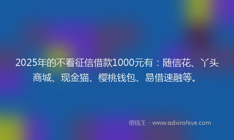 2025年的不看征信借款1000元有：随信花、丫头商城、现金猫、樱桃钱包、易借速融等。