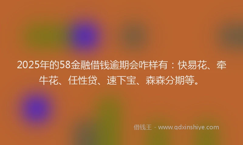 2025年的58金融借钱逾期会咋样有：快易花、牵牛花、任性贷、速下宝、森森分期等。