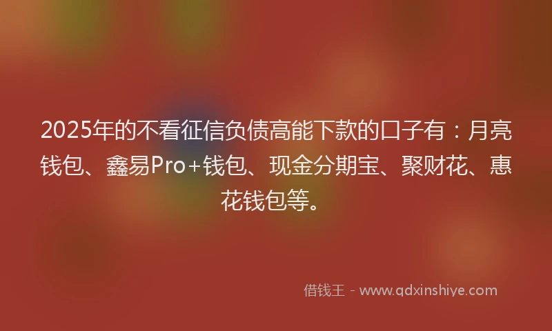 2025年的不看征信负债高能下款的口子有：月亮钱包、鑫易Pro+钱包、现金分期宝、聚财花、惠花钱包等。
