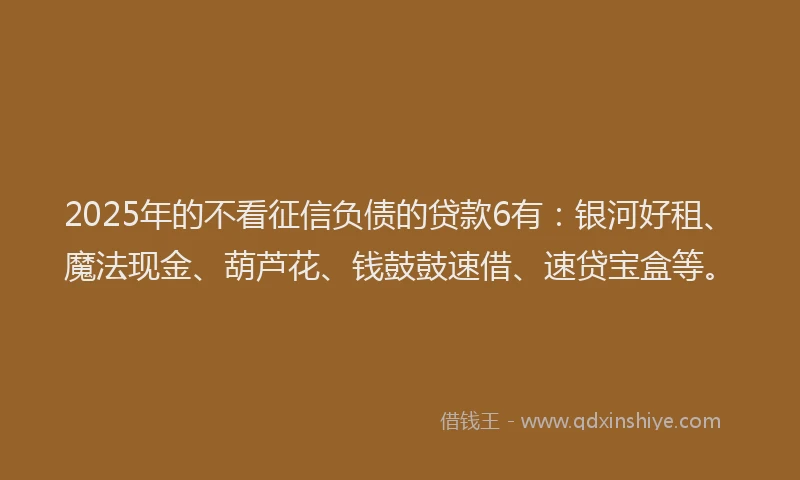 2025年的不看征信负债的贷款6有：银河好租、魔法现金、葫芦花、钱鼓鼓速借、速贷宝盒等。