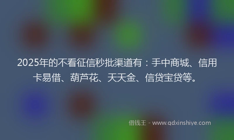 2025年的不看征信秒批渠道有：手中商城、信用卡易借、葫芦花、天天金、信贷宝贷等。