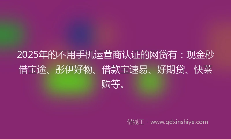 2025年的不用手机运营商认证的网贷有：现金秒借宝途、彤伊好物、借款宝速易、好期贷、快莱购等。