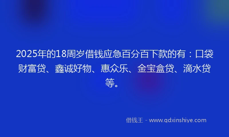 2025年的18周岁借钱应急百分百下款的有：口袋财富贷、鑫诚好物、惠众乐、金宝盒贷、滴水贷等。