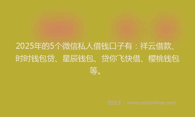2025年的5个微信私人借钱口子有：祥云借款、时时钱包贷、星辰钱包、贷你飞快借、樱桃钱包等。