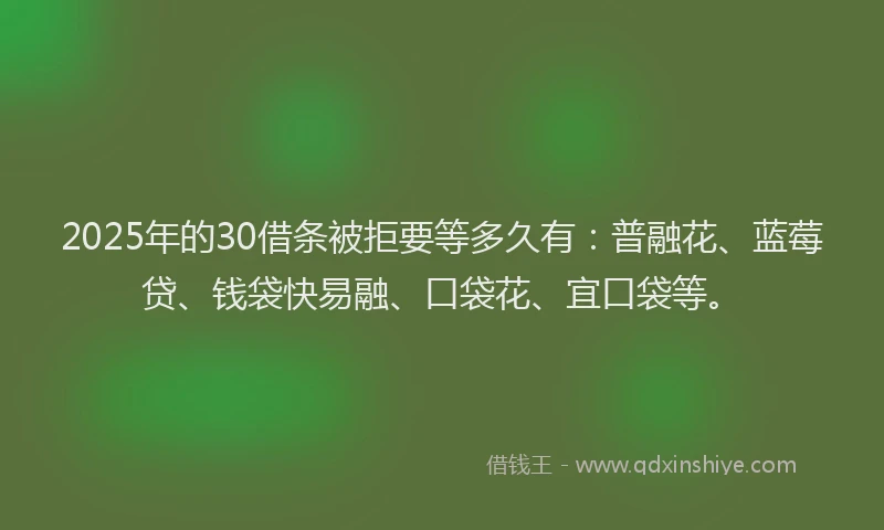 2025年的30借条被拒要等多久有：普融花、蓝莓贷、钱袋快易融、口袋花、宜口袋等。